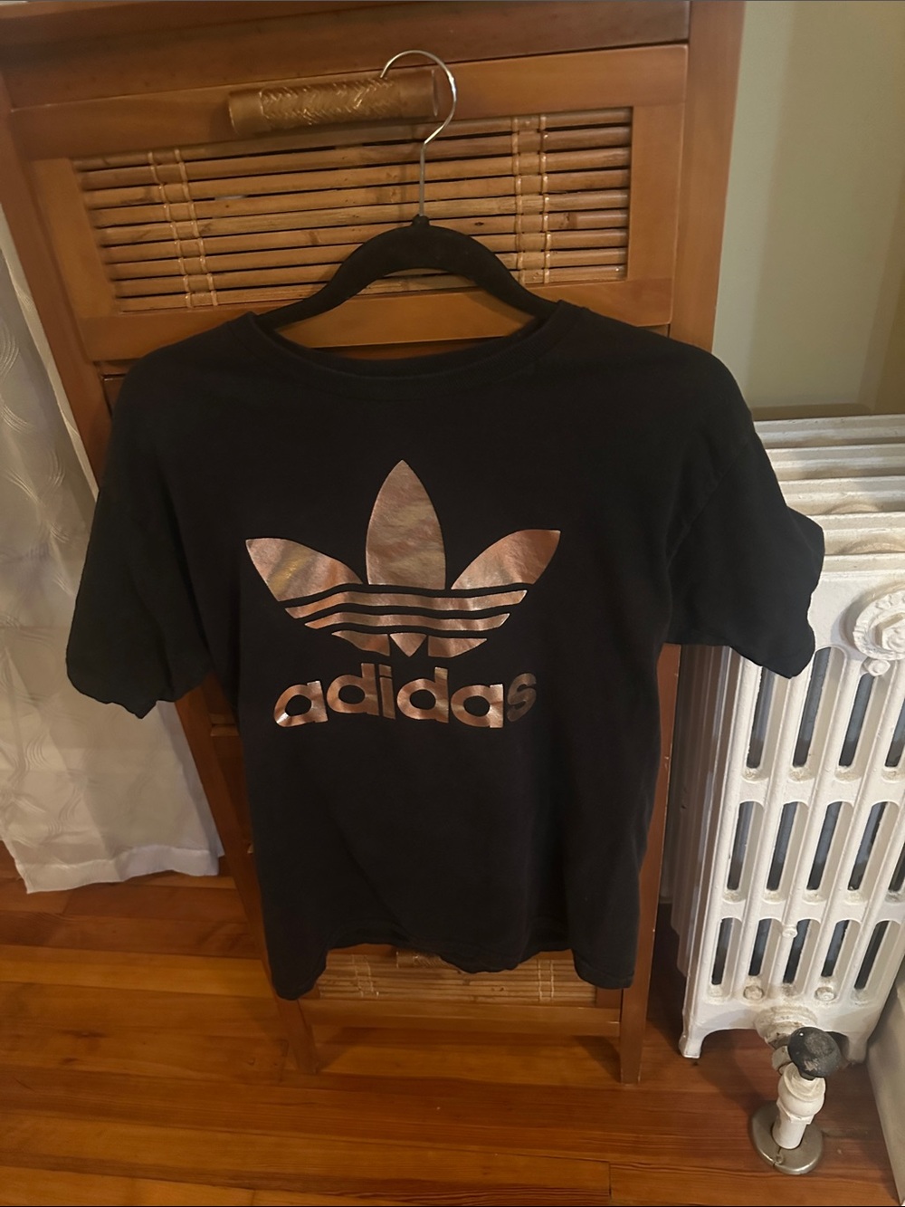 adidas Black Tee with Metallic Rose Logo on Front and Back